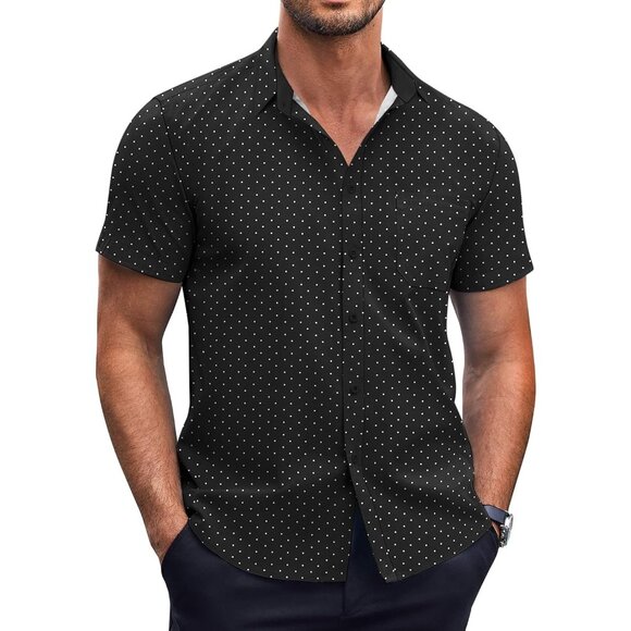 Black Men Short Sleeve Button Down Wrinkle Free Polka Dot Print Shirt - Picture 1 of 5